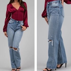 Cello Distressed High Rise Button Fly Straight Leg Jeans Size 9 Blue Boho Retro